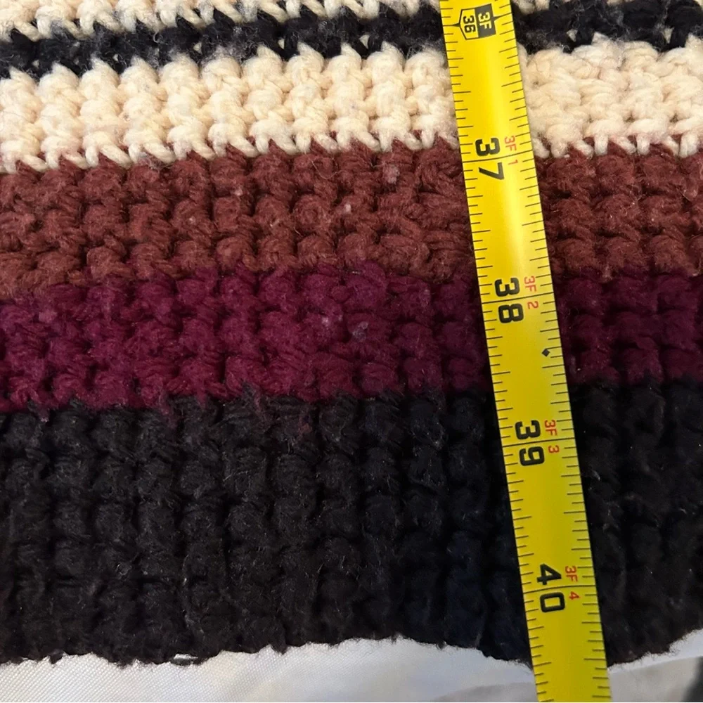 Vintage Crochet Brown Cream Stripe Handmade Blanket Throw Afghan with fringe